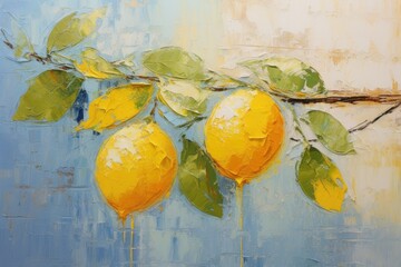 Wall Mural - palette knife textured painting lemon Fresh citrus fruit lemon on a branch with fruits green leaves