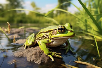 Canvas Print - a small green frog on a water pond