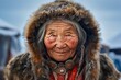 a close up portrait of an old inuit man looking to camera