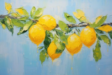 Wall Mural - palette knife textured painting lemon Fresh citrus fruit lemon on a branch with fruits green leaves