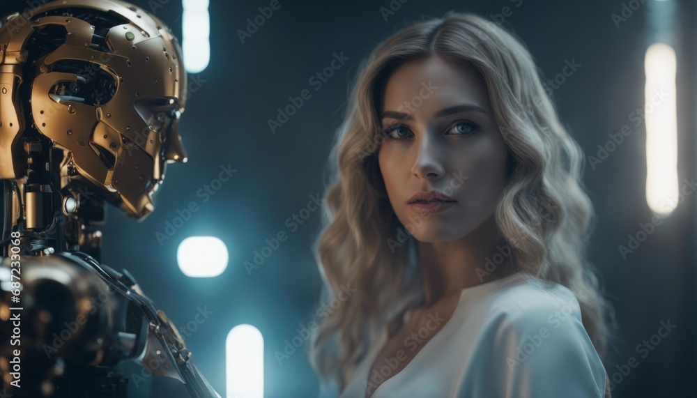 Woman opposite AI. The concept of confrontation between humanity and ...