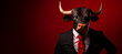 bull in a suit. red, purple background. generative ai.