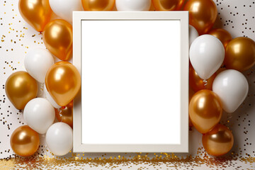 A empty transparent frame with balloons and gold glitter on it, PNG file, birthday and party