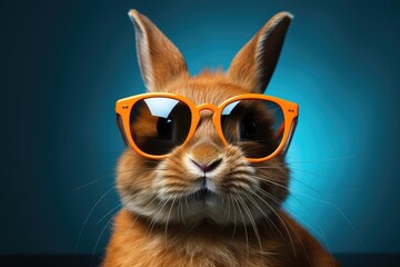 Wall Mural - A fashionable rabbit sporting trendy orange sunglasses, exuding feline confidence with its whiskers and stylish eyewear