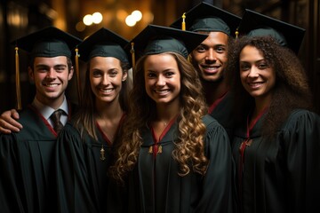 Wall Mural - A group of beaming graduates in traditional academic attire celebrate the end of their scholarly journey at a prestigious university's fall commencement ceremony