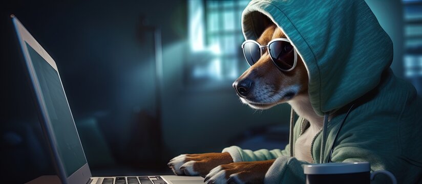Smart dog working on an online project using a computer and wearing glasses and a hoodie Freelancer working from home during quarantine Busy and intelligent Copy space image Place for adding te