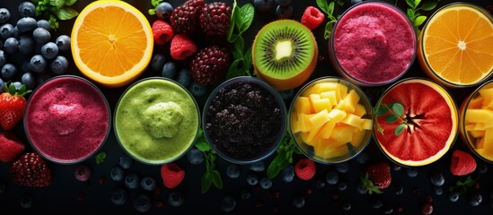 Wall Mural - Vibrant drinks made from plants fruits and berries viewed from above Copy space image Place for adding text or design