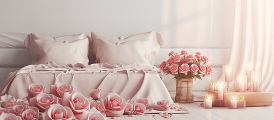 Canvas Print - Valentine s themed bedroom adorned with roses champagne and decorations Copy space image Place for adding text or design