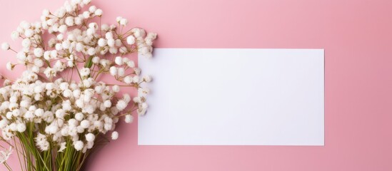 Poster - Wedding arrangement with white paper list gypsophila flowers and colored table Greeting cards and envelopes included Lovely floral pattern in flat lay style Copy space image Place for adding te