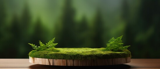 Poster - Wooden podium with green leaves on moss background Ideal for product promotion natural beauty eco cosmetics Empty display case Copy space image Place for adding text or design