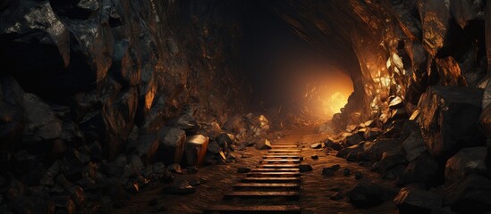 Underground mining using railroad track Copy space image Place for adding text or design