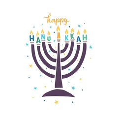 Wall Mural - Happy Hanukkah handwritten text and menorah on white background. Modern brush calligraphy. Hand lettering typography, vector illustration for Jewish holiday, greeting card, invitation, poster, banner