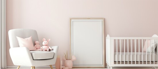 Leinwandbilder - Scandinavian style child room with empty picture frame baby bed chair Cozy and free space for your picture 3D rendering Copy space image Place for adding text or design