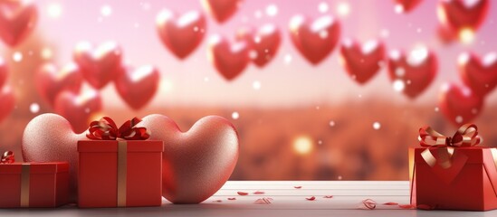 Aufkleber - Valentine s Day celebration with realistic 3D decorations heart shaped balloons falling gift box glitter gold Holiday banner and poster 3D render Copy space image Place for adding text or desig