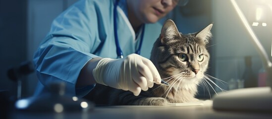 Poster - Vets inserting microchip in mobile clinic for cat Copy space image Place for adding text or design