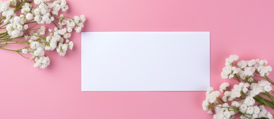 Poster - Wedding arrangement with white paper list gypsophila flowers and colored table Greeting cards and envelopes included Lovely floral pattern in flat lay style Copy space image Place for adding te