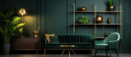 Poster - Scandinavian style wooden furniture and black and gold decorations in a dark green apartment Copy space image Place for adding text or design