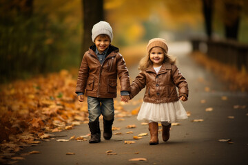 Young kindergarten school pupil couple boyfriend and girlfriend in romantic mutual love on date walk together hand in hand in autumn day. Happy first love relationship sensuality tenderness concept