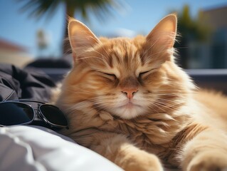  A cute red-haired cat lies under the sun and warms up