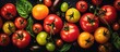 Vibrant tomato food backdrop from organic garden harvest Top down view textural flat lay Copy space image Place for adding text or design