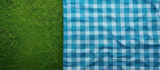 Poster - Top view of a country style checkered towel on green grass serving as a backdrop for a food advertisement display Copy space image Place for adding text or design