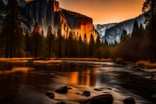Yosemite Valley Bathed In The Warm Hues Of Sunset, The Iconic Granite Cliffs Casting Long Shadows, The Merced River Flowing Peacefully Through The Valley