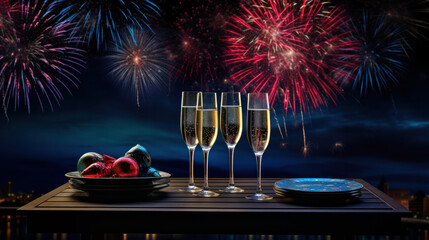 Wall Mural - Happy New Year. Dark night with beautiful fireworks and champagne glasses on table