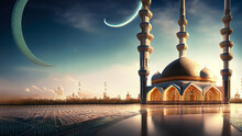 Illustration Of The Beautiful Futuristic Mosque And Ramadan Islamic Culture Icon And With Beautiful Moon Light, The Landmark, Generative AI