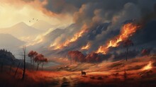 Dramatic Scene A Forest And Mountain With Wildfires With Smoke Clouds Landscape. AI Generated Image