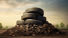 Stack pile of tires on the ground in outdoor background. AI generated image