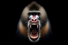Photo Of A Angry Disgruntled Mandrill Monkey On A Solid Black Background. Ai Generative