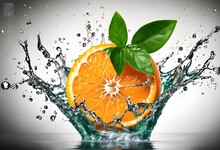 Orange Splashing Water, White Background. Food Presentation. Poster, Template, Banner. Health And Wellness Content.