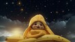 Conjure a delighted banana character basking in the soft, celestial glow of a starry night sky adorned with light, wispy clouds.
