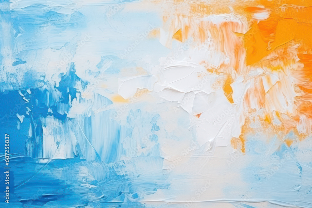 An abstract expressionist painting with bold blue and orange strokes ...