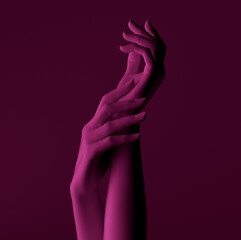 Wall Mural - Beauty concept. Elegant woman hands sculpture. Monochrome color female hands soft touch gesture, product dispalay, mannequin body parts, 3d rendering.