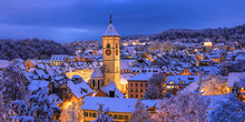 Panorama View Of The Old Swiss City Of Schaffhausen Town In Winter With Christimas Season Illumination At Dusk