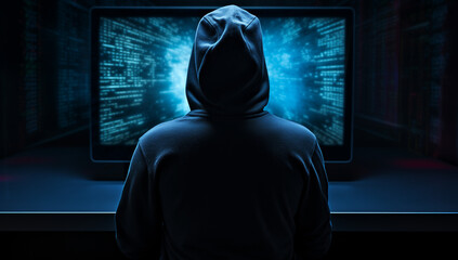 Hooded Hacker in Black Sweatshirt Engaged in Digital Intricacies, Unraveling Code Mysteries on Computer Monitor, Conceptualizing Cybersecurity, Hacking, and Digital Crime Prevention Strategies