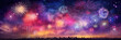 Panoramic banner of colorful fireworks over the cityscape at night. Happy New Year.