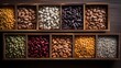 top view of different beans in form in small wooden cages, 16:9