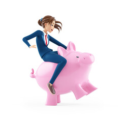 Wall Mural - 3d cartoon businesswoman riding piggy bank