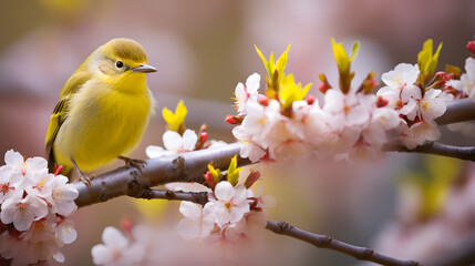 Wall Mural - Yellow Warbler Perching Among Cherry Blossoms