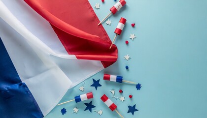 celebration concept for france s bastille day holiday top view flat lay of french flag on pastel blue background with empty space for advert or message