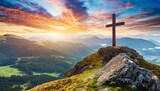 Fototapeta Góry - christian cross on top of a mountain sunset landscape easter wallpapers generative ai