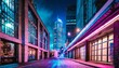 cyberpunk neon city at night empty street with modern tall building