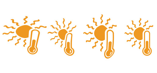  Cartoon, comic hot summer indicates icon. Weather thermometer. Vector high temperature attention sign. Sun weather thermometers icon. Sunbathe, UV factor. Sunny and rainy weather