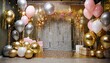 a large festive photo zone for a birthday decorated with gold sequins pink gray and gold balloons of different sizes celebrating concept