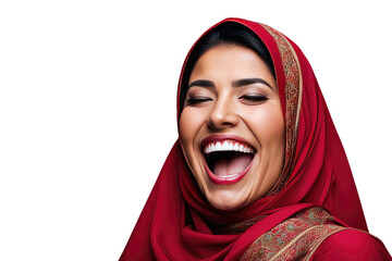 a high quality stock photograph of a happy young islam woman laughs and screams with joy isolated on white background