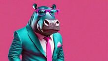 Stylish Portrait Of Dressed Up Imposing Anthropomorphic Hippopotamus Wearing Glasses And Suit On Vibrant Pink Background With Copy Space Funny Pop Art Illustration