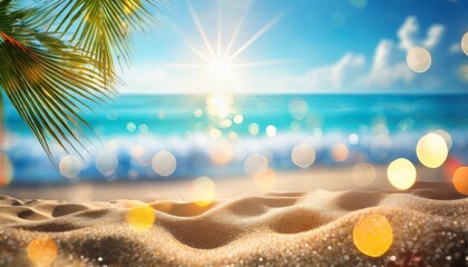 Wall Mural - blur tropical beach with bokeh sun light wave abstract background