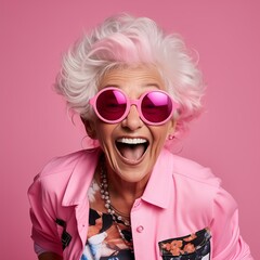 Wall Mural - Funny senior woman with pink hair and sunglasses. Studio shot.